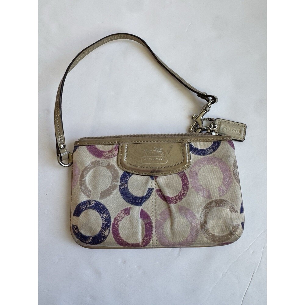 Vintage Coach Poppy Multi Color C Wristlet 43714 Metallic Purple Tan Sateen